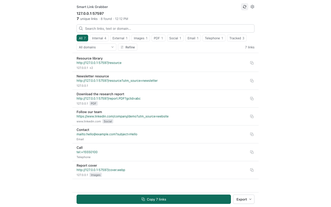 Smart Link Grabber side panel listing links extracted from a webpage