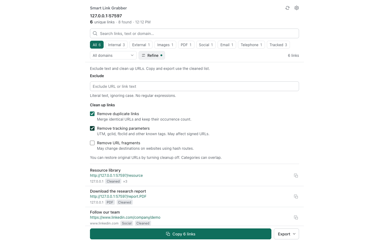 Smart Link Grabber showing reversible tracking parameter cleanup